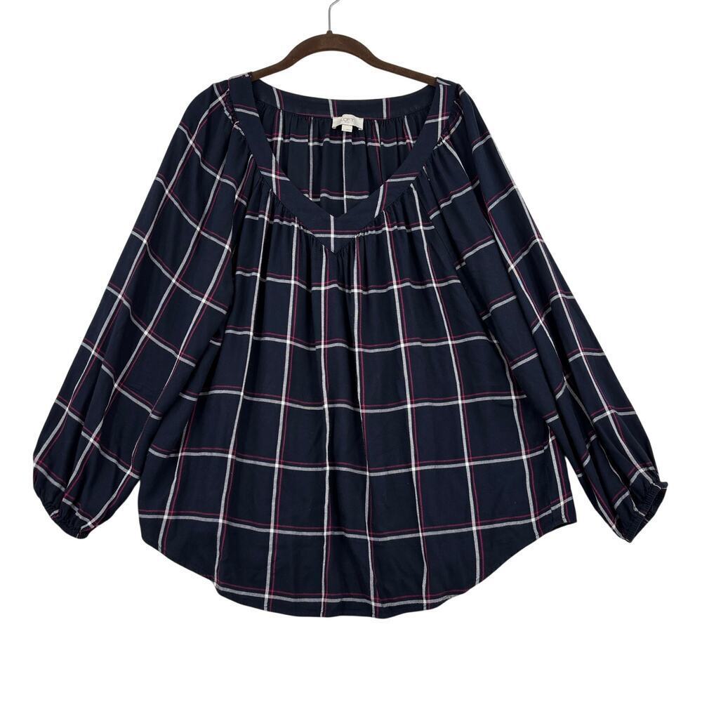 Loft Blouse Top‎ Size L Navy Blue White Pink Plaid Popover Peasant Viscose